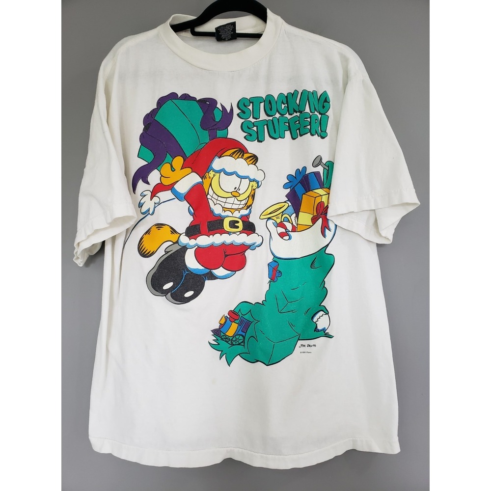 Vintage Garfield & Odie Paws Jim Davis Big Print White LARGE Christmas 90's